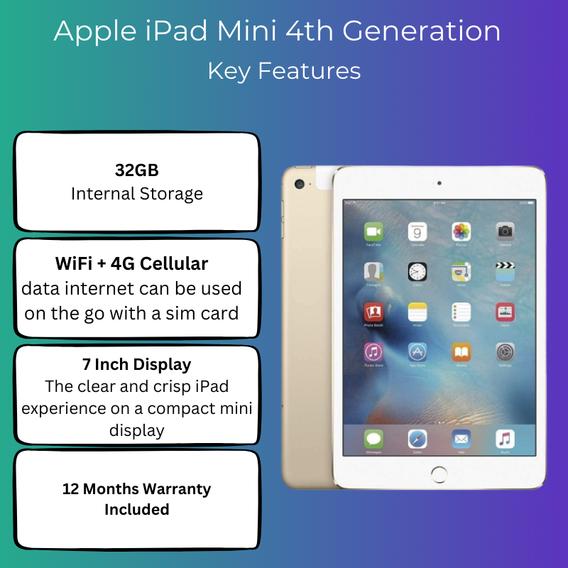 Apple iPad Mini 4th Generation Gold WiFi + Cellular 4G - Grade B